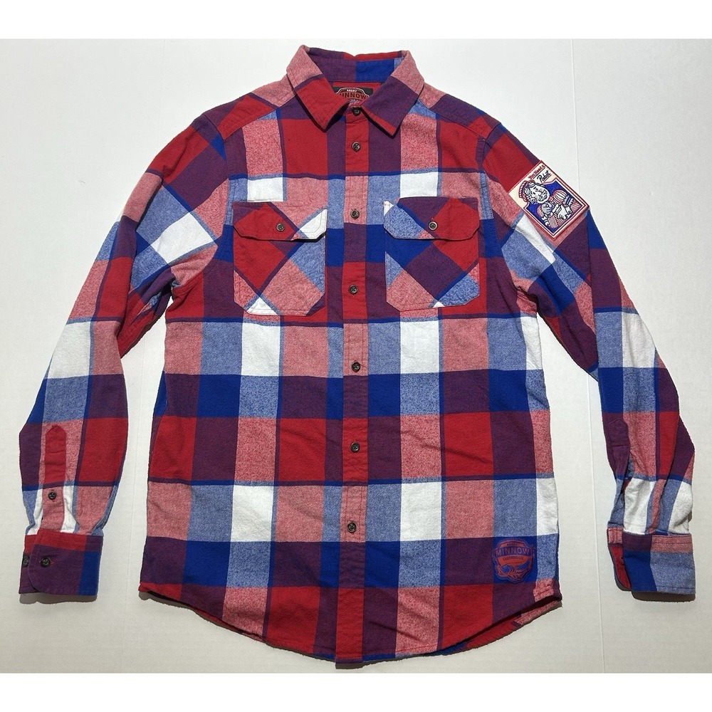 Angry Minnow Flannel Shirt Mens Medium Plaid Pabst Blue Ribbon Beer Outdoors